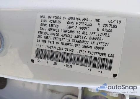 2010 Honda Accord 2.4 Lx from USA, damaged, VIN 1HGCP2F33AA131345